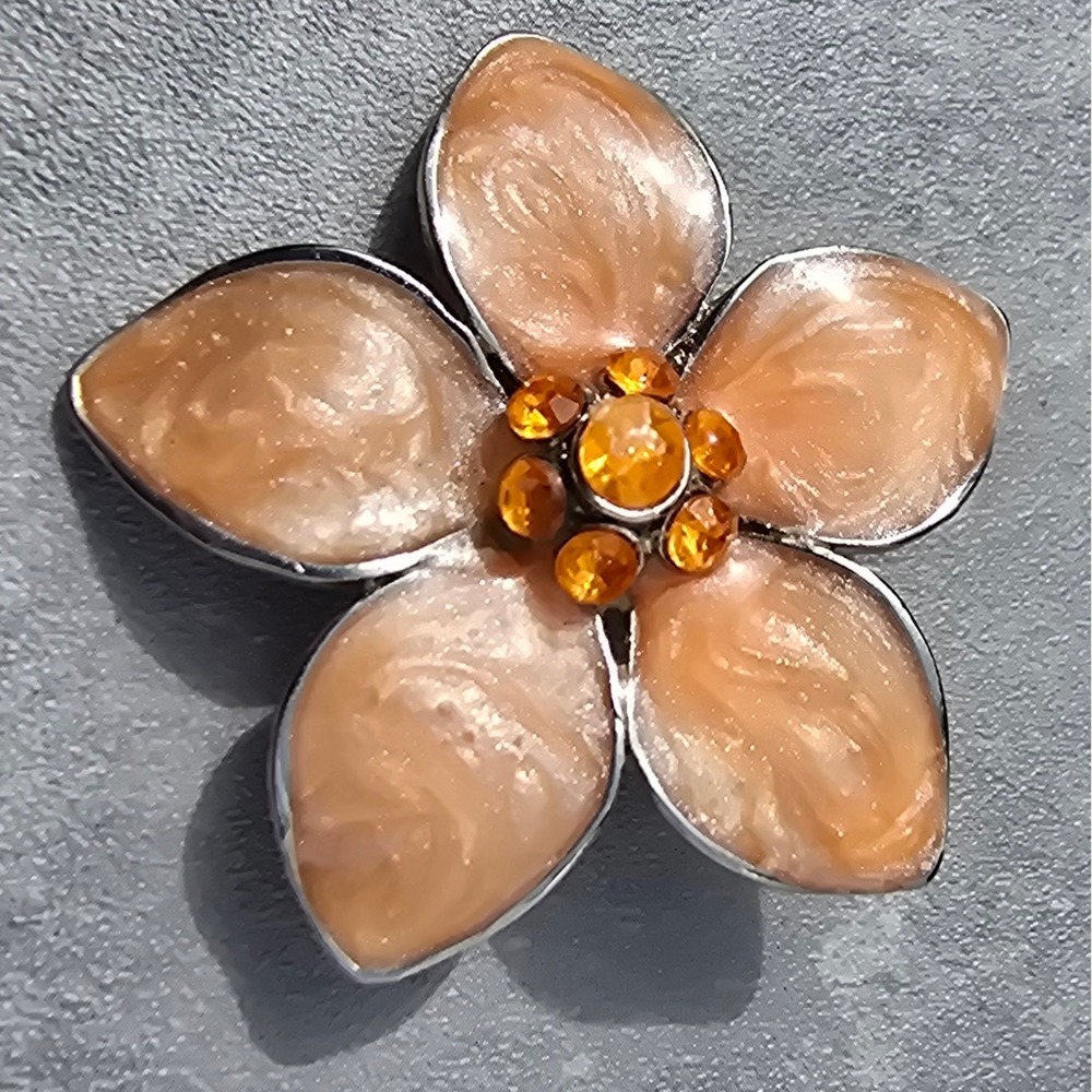Vintage Peach Enamel Flower Brooch Amber Rhinestone Center Floral